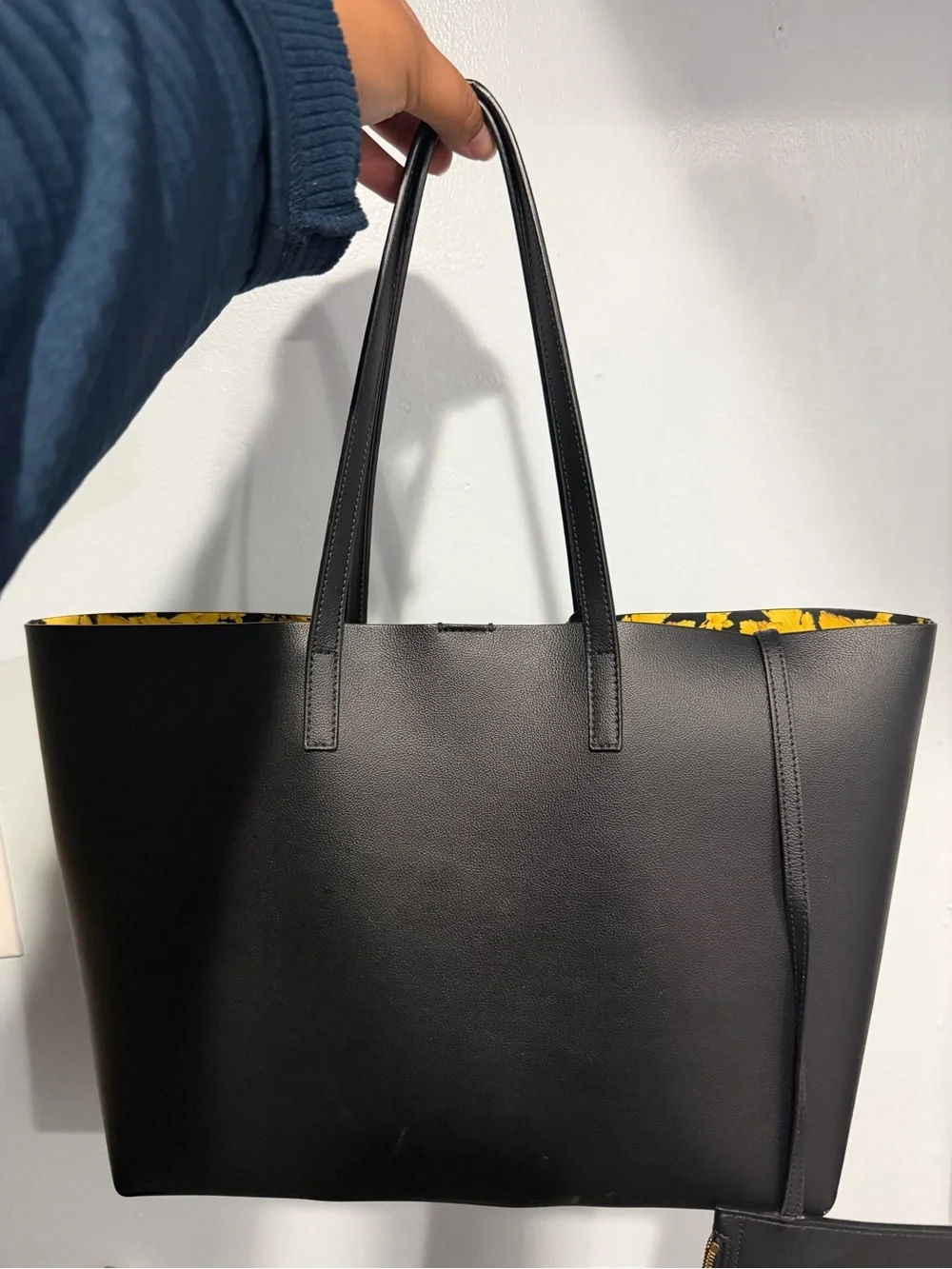 Versace Black Leather Tote Bag with Signature Yellow Print Lining - Picture 1 of 5